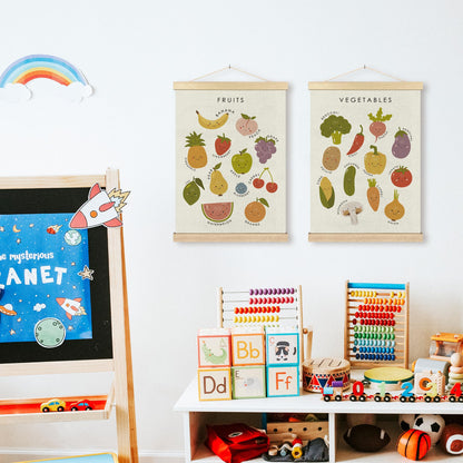 BCUANGD Fruits Vegetables Wall Decor - Toddlers Kids Preschool Poster Hanger with Wood Frames Set of 2, Educational Learning Wall Hanging Canvas Decor for Kids Room Nursery Home, 12x16 Inches