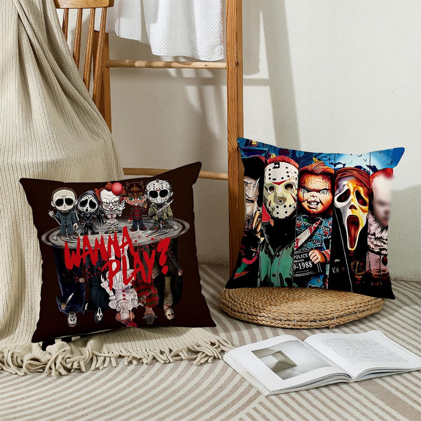 Generic Set of 4 Linen Throw Pillow Covers Halloween Pillow Case Horror Movie Character Halloween Pillow Covers Funny Holiday Home Decoration for Sofa Couch Bed Living Room Car Bedroom Bar Cafes
