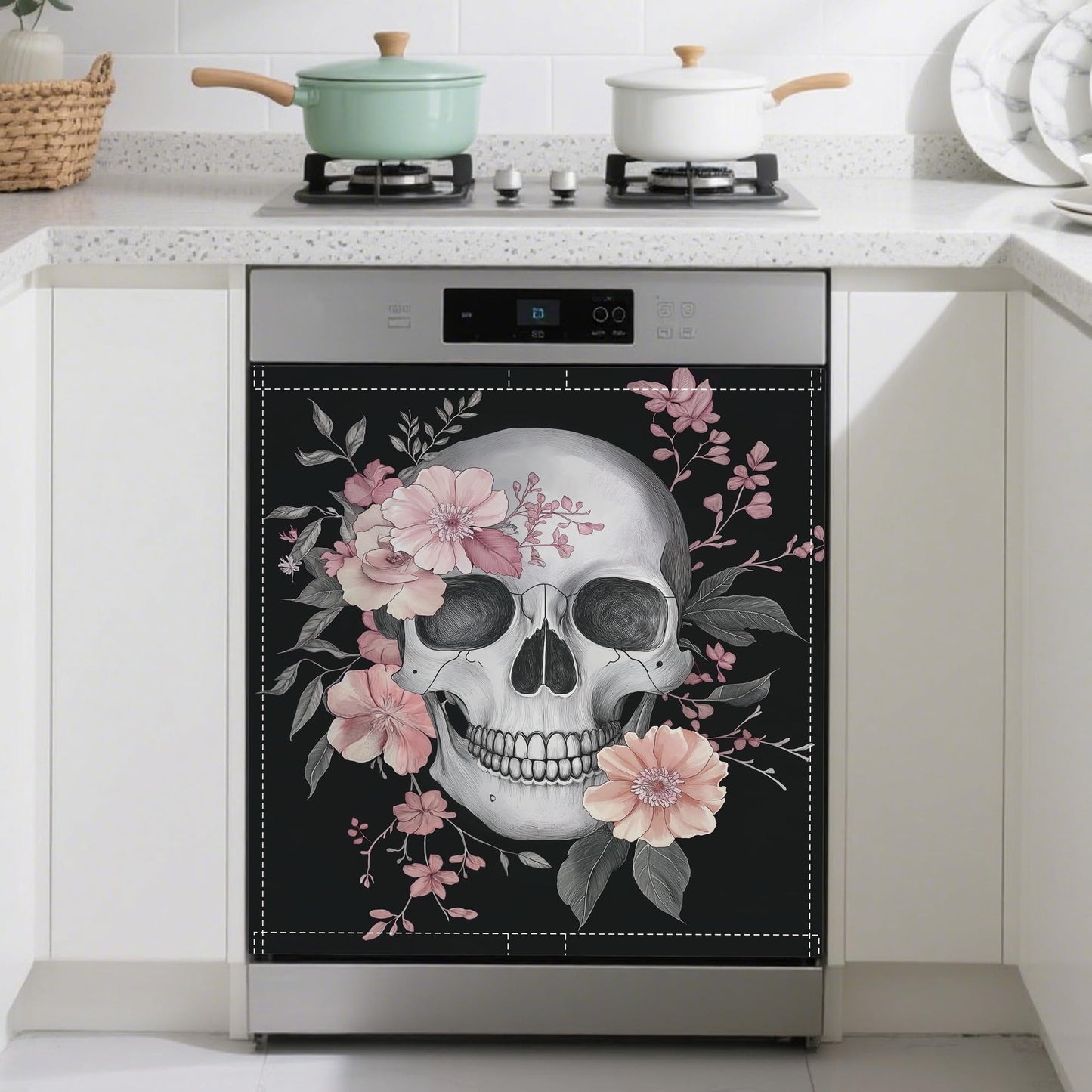 Skull Dishwasher Magnets Decorative Cover,Flowers Magnet Fridge Panel Decal for Home Kitchen Decor,23x26 in