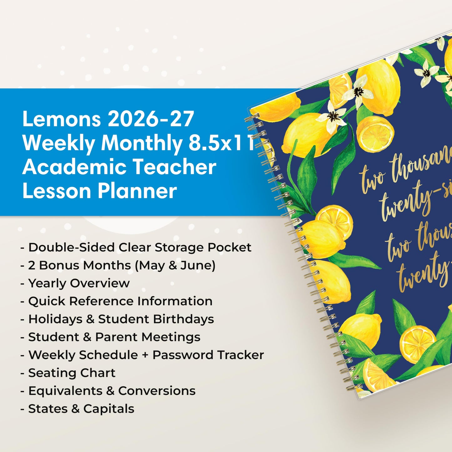 Blue Sky 2026-2027 Weekly and Monthly Academic Year Teacher Lesson Planner Calendar, July 2026 - June 2027, 8.5" x 11", Flexible Cover, Wirebound, Laminated Tabs, Storage Pocket, Fresh Lemons