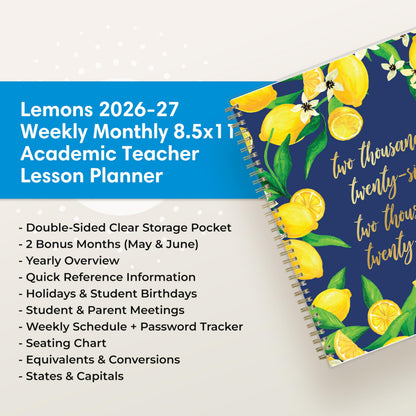 Blue Sky 2026-2027 Weekly and Monthly Academic Year Teacher Lesson Planner Calendar, July 2026 - June 2027, 8.5" x 11", Flexible Cover, Wirebound, Laminated Tabs, Storage Pocket, Fresh Lemons