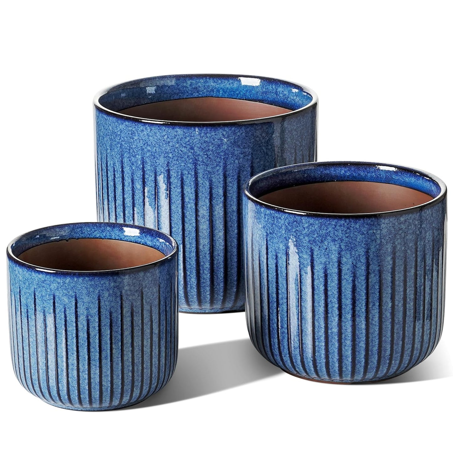LE TAUCI Ceramic Plant Pots, 8.3/7/6 Inch Indoor Planters with Drainage Holes & Mesh, Modern Glossy Glaze Cylinder Fluted Flower Pot for Snake Plant, Set of 3, Harbor Blue