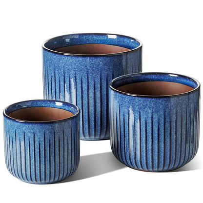 LE TAUCI Ceramic Plant Pots, 8.3/7/6 Inch Indoor Planters with Drainage Holes & Mesh, Modern Glossy Glaze Cylinder Fluted Flower Pot for Snake Plant, Set of 3, Harbor Blue