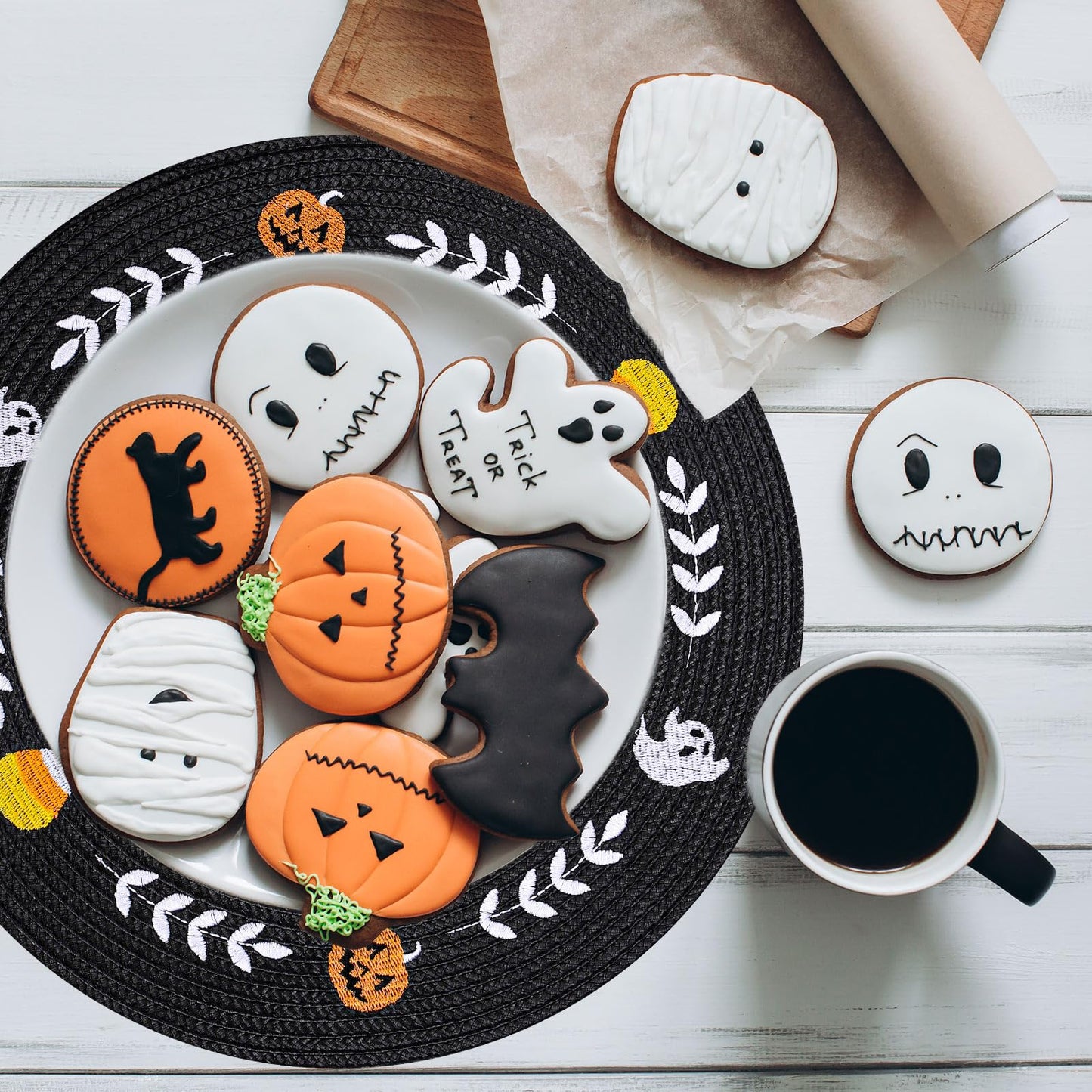 Whaline 4 Pcs Round Halloween Placemats Embroidered Ghost Pumpkin Candy Corn Place Mats Black Spooky Dinner Table Mats for Halloween Holiday Trick or Treat Party Table Decor