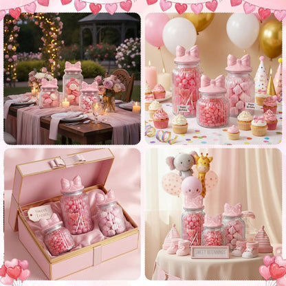 Potchen 3 Set Candy Jars Airtight Glass Cookie Jars with Ceramic Lid Cute Clear Cookie Storage Canister for Spring Summer Baby Shower Party(Bow and Stripes,Pink)