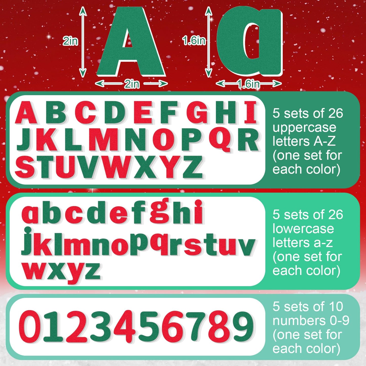 Breling 310 Pieces Felt Letter Bulletin Board Letters Sticker with Number 2" Bulk Self Adhesive ABC Upper Lowercase Sticky Letter for Xmas Gift Bulletin Board Classroom(Christmas Color)