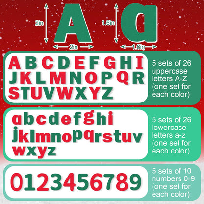 Breling 310 Pieces Felt Letter Bulletin Board Letters Sticker with Number 2" Bulk Self Adhesive ABC Upper Lowercase Sticky Letter for Xmas Gift Bulletin Board Classroom(Christmas Color)
