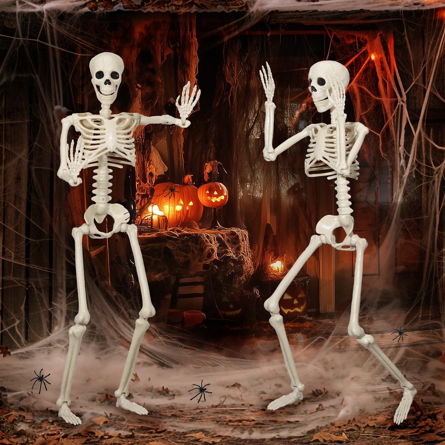 2 Pack 36" Skeleton Halloween Decorations,3Ft Plastic Posable Skeleton with Movable Joints,with 20 Spiders & Spider Webs for Halloween Party Decorations,Yard Haunted House Props Indoor Outdoor Decor
