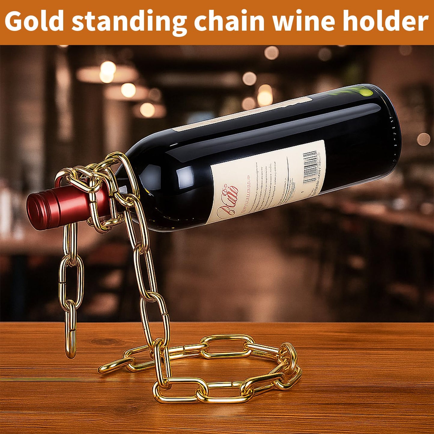 TBWHL Novelty Magic Wine Bottle Holder Floating Steel Link Chain Wine Bottle Rack/Holder - Holds Bottles in The Air, Unique Levitating Wine Bottle Stand for Home Bar, Kitchen, or Party Deco（Gold）