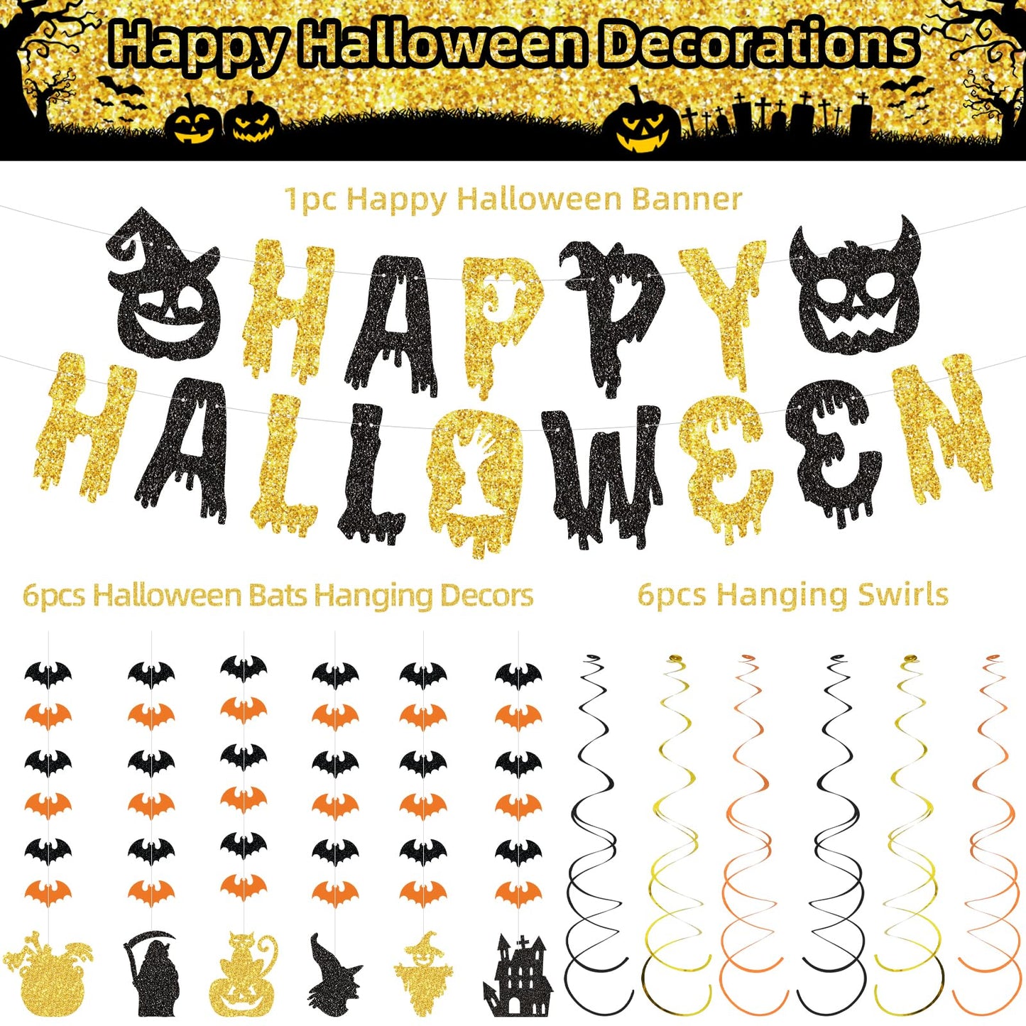 SHERONV Halloween Party Decorations, Black Gold Glitter Happy Halloween Banner, Pumpkin Ghost Bats Decorations, Hanging Swirls for Home Office Indoor Outdoor Party Event Decors