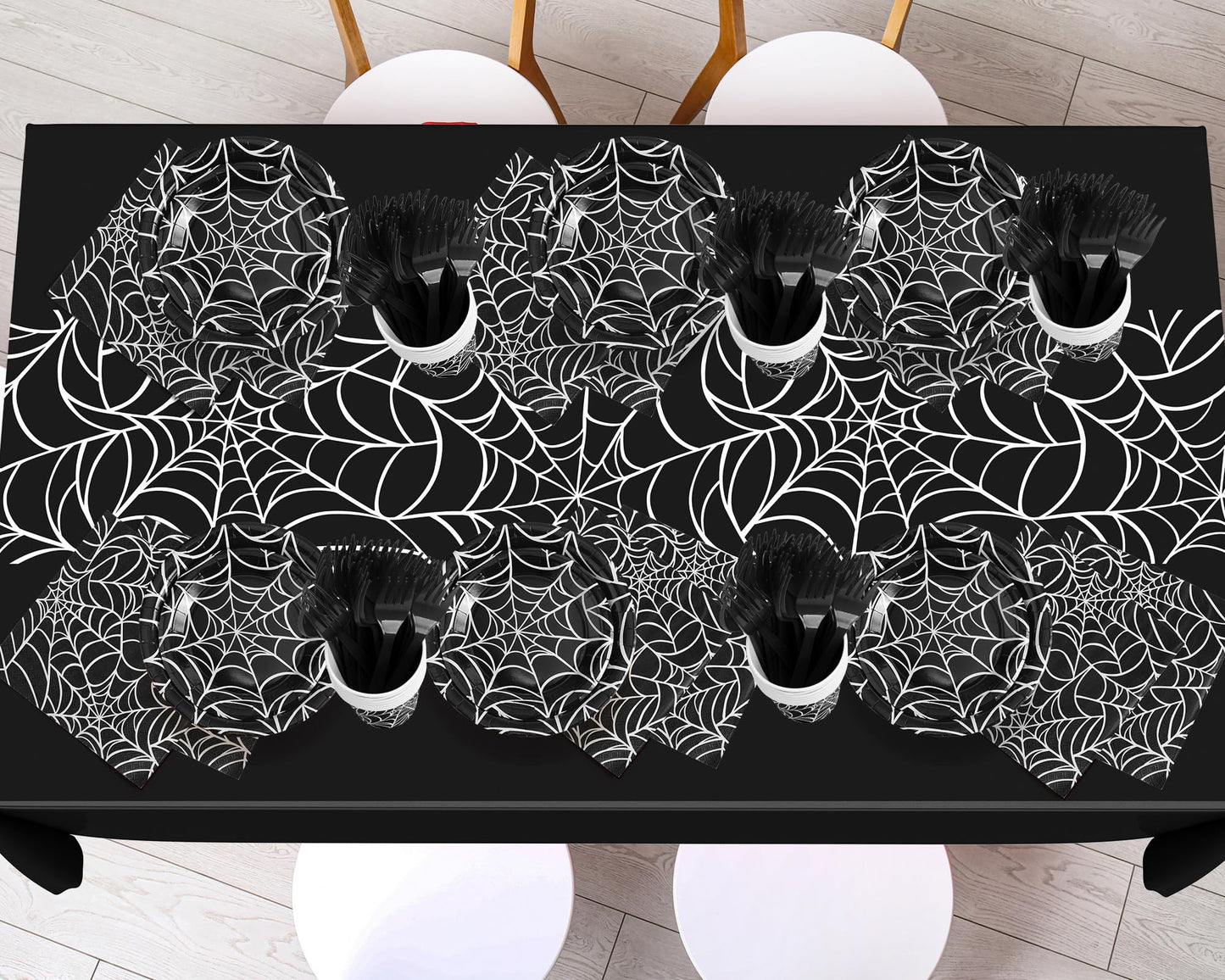 Oudain 162 Pcs Spiderweb Birthday Party Decoration Black White Spider Web Rectangular Tablecloth Disposable Plates Napkins Cups Forks Spoons Knifes Tableware Set for Theme Party Supplies