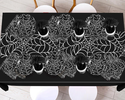 Oudain 162 Pcs Spiderweb Birthday Party Decoration Black White Spider Web Rectangular Tablecloth Disposable Plates Napkins Cups Forks Spoons Knifes Tableware Set for Theme Party Supplies