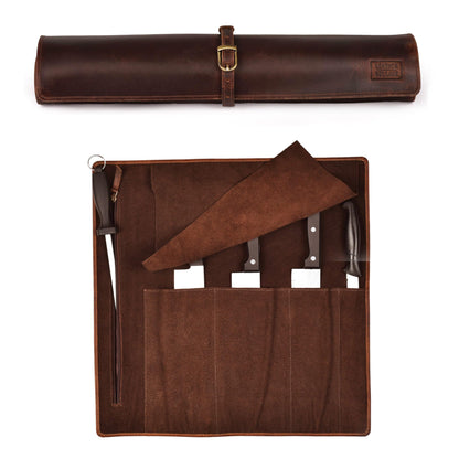 LEATHER VILLAGE Genuine Leather Knife Roll Bag – Professional Chef Carrying Case, Durable Sheath Holder, Cooks & Culinary Tools Organizer, Portable Travel Storage with 4 Slots & Zipper - Cherry