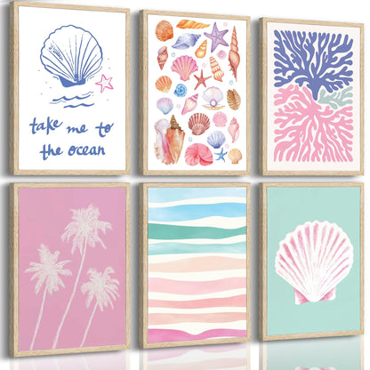 Pink and Blue Coastal Wall Art, 6 Pcs Preppy Beach Wall Decor, Unframed Canvas Posters for Bathroom Bedroom, Seashell Coral Palm Tree Ocean Prints, Neutral Boho Beach House Decor 12x16in Unframed