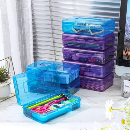 Fainne 24 Pack Pencil Boxes for School Clear Plastic Pencil Case Large Plastic Crayon Box Bulk Stackable Classroom Stationery Organizer School Supplies(Blue, Purple)