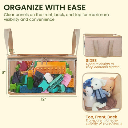 holay 2 Pack Foldable PVC Storage Bins with Transparent Lid & Handles, 12 x 12 x 6 Inch Organizer Boxes for Clothes, Toys & Books (Brown, Medium)