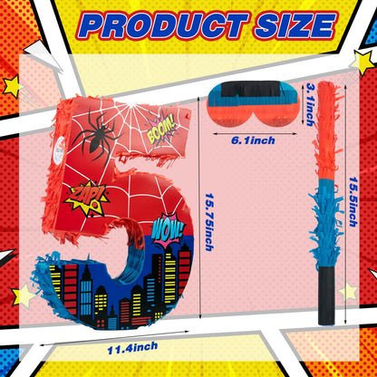 Number 5 Spider Pinata Bundle with 16 Inch Piñata Stick Blindfold Confetti for Hero Birthday Party Decoration Anniversary Celebration Gift Spider Party Favors for Kids, 16 x 11.6 x 2.4 Inch
