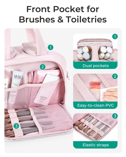 BAGSMART Travel Toiletry Bag, Crush Toiletry Bag for Women, Wide-open Puffy Toiletry Bags for Traveling, Large Travel Cosmetic Makeup Bag Organizer for Accessories,Toiletrie, Pink