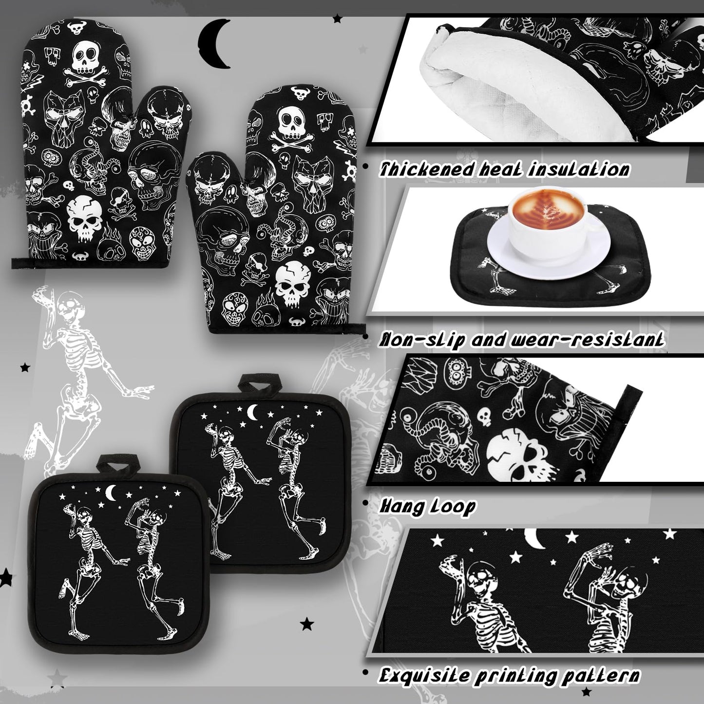 Fourluoo 10 Pcs Skeleton Kitchen Set Kitchen Towels and Rugs Oven Mitts and Pot Holders Gothic Decor and Accessories for Gift Cooking Baking Grilling