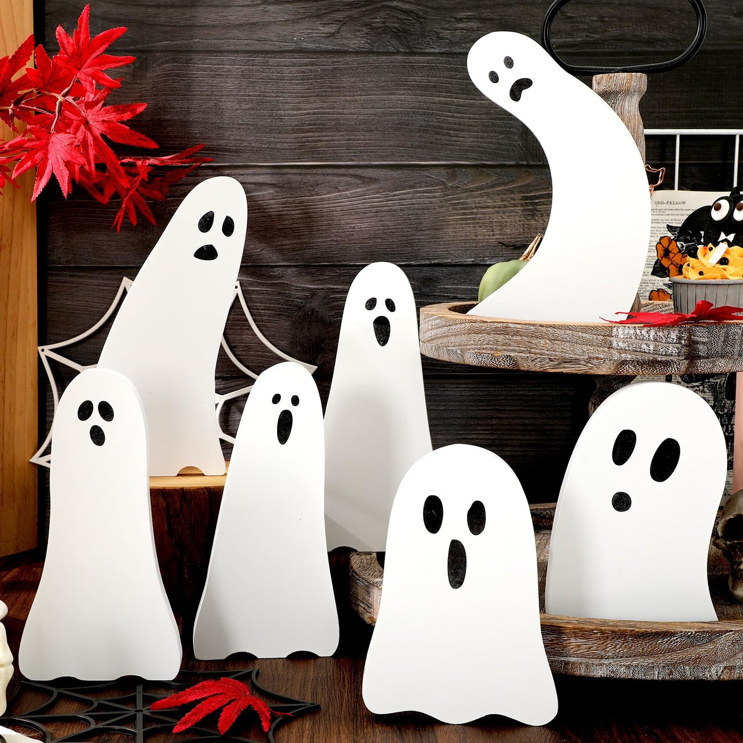 Whaline 7Pcs Halloween Wooden Table Signs Cute Ghost Shape Wooden Cutouts Rustic Tiered Tray Decor for Home Office School Desk Tabletop Decoration