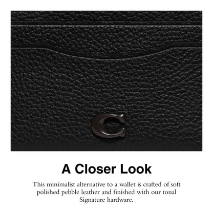 COACH Flat Card Case in Pebble Leather w/Sculpted C Hardware Branding Black One Size