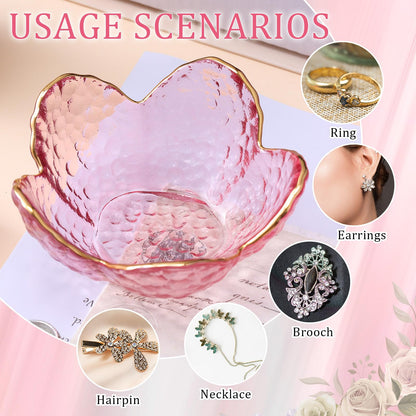 Quelay 8 Set Purple Flower Ring Dish Jewelry Tray with Box Greeting Card Small Glass Trinket Dish Tray for Earrings Jewelry Room Decor Bulk Appreciation Gift for Graduation Women Teacher Friends