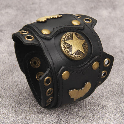 GelConnie Womens Black Leather Cuff Bracelet Wide Leather Biker Cuff Bracelet for Men Star Studded Punk Rock Wristband Gothic Bracelets