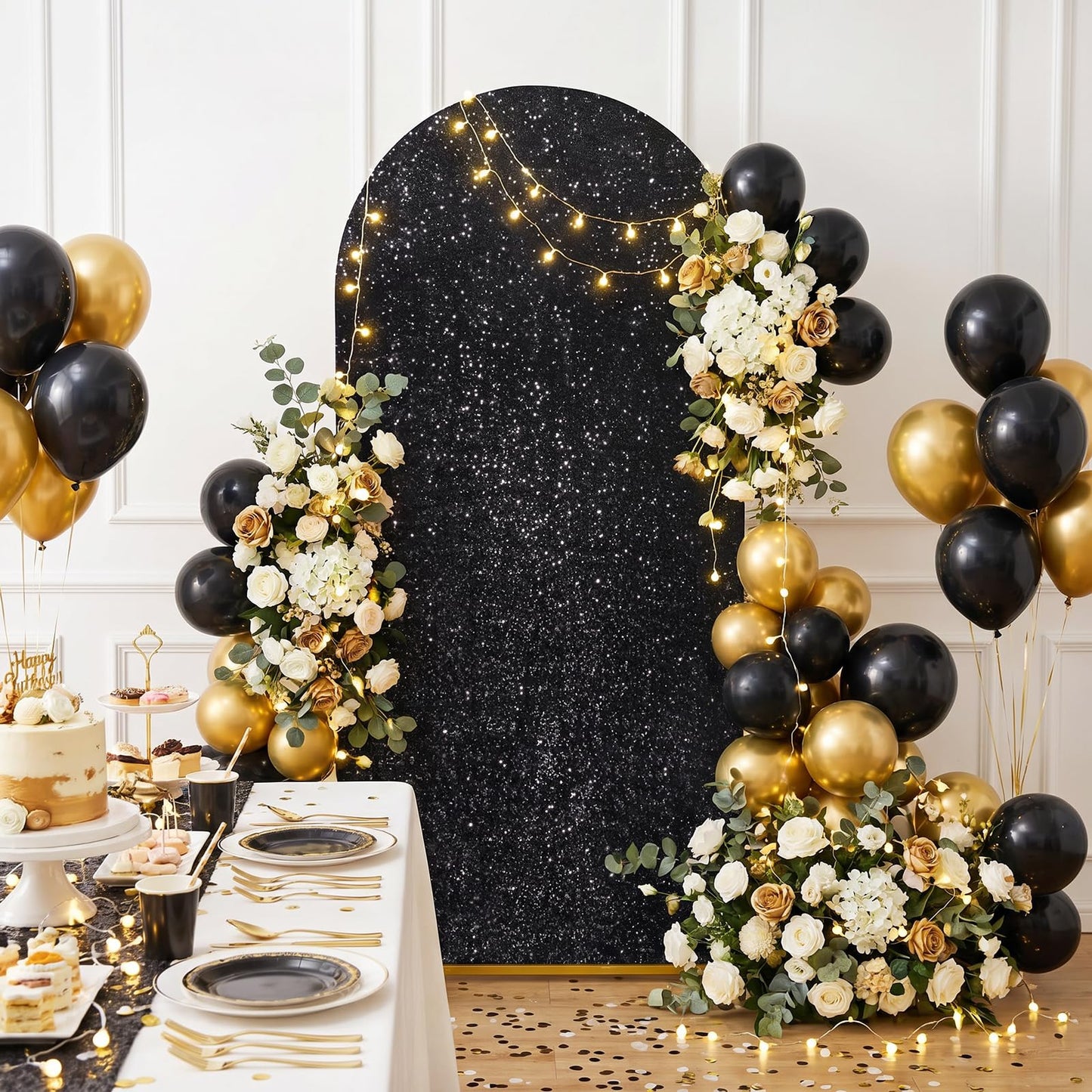 Set of 3 Black Arch Backdrop Covers Sequin Backdrop Arch Cover for Wedding Party Halloween Graguation Birthday Flower Balloon Stand(7.2ft, 6.6ft, 6ft)