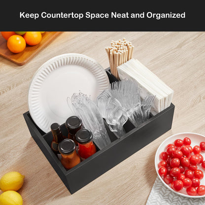 GCWSTJK Black Utensil Holder for Party - Wooden Paper Plate and Utensil Caddy for Countertop - Silverware Caddy for Cup Fork Spoon Napkin - Cutlery Organizer for Kitchen Camping Buffet Picnic