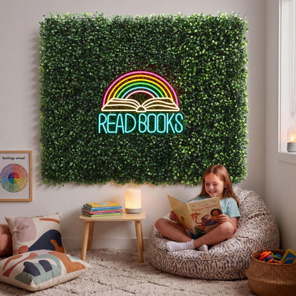 Fumete 13 Pcs Classroom Reading Corner Calming Corner Decor 10 x 10" Artificial Grass Wall Panels with Read Books Neon Sign Classroom Greenery Wall Decoration for Home School Party Supplies