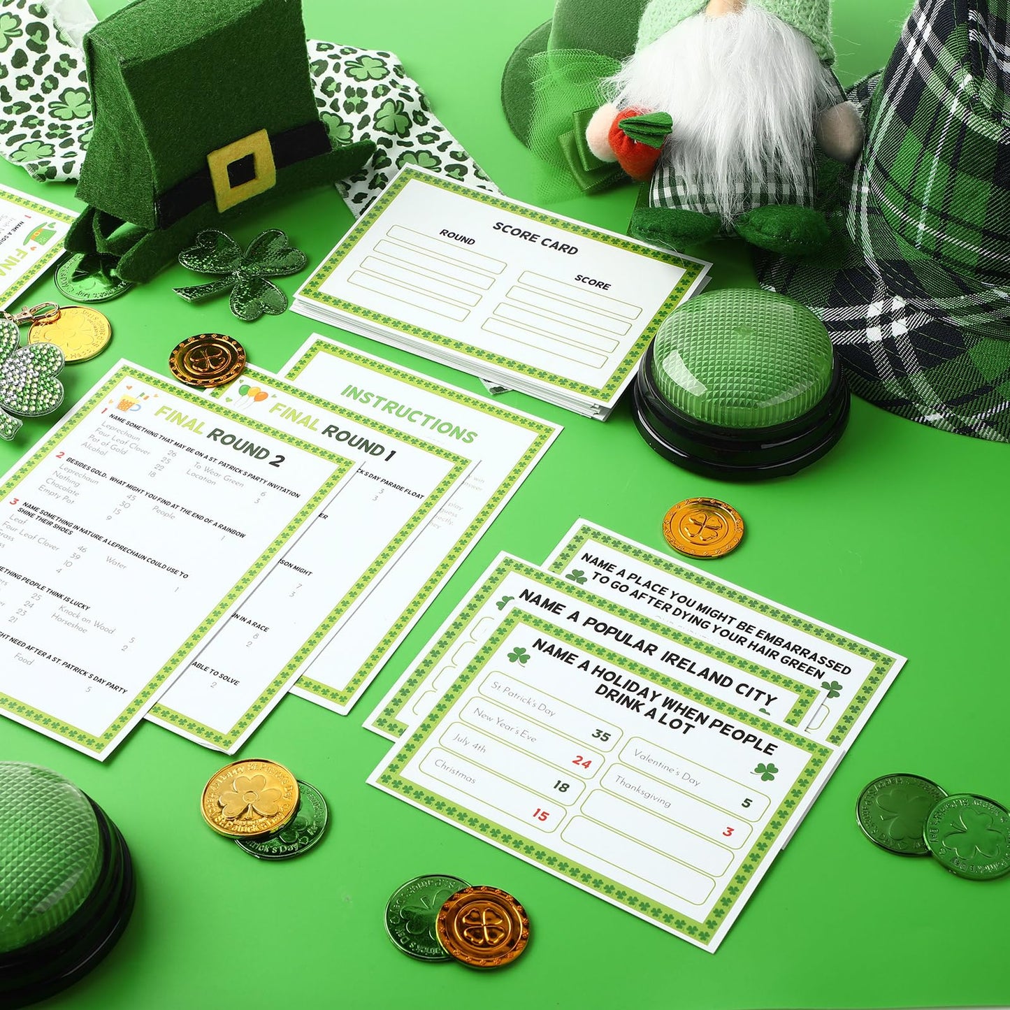 Soulchen 32 Pcs St. Patrick's Day Friendly Feud Game Set St. Patrick's Day Party Game Trivia Quiz 30 Card 2 Buzzer for Adults Family Irish Home Games Activities Party Supplies, Battery Not Included