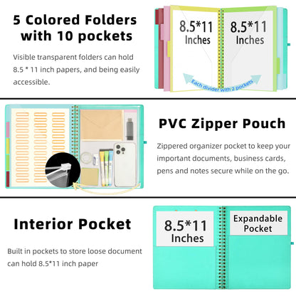Ospelelf Foldable Spiral Clipboard Folio with Storage Zipper Pouch, 5 Plastic Folders with 10 Pockets,Refillable Lined Notepad (11" x 8.5"), Hardcover Project Organizer with 39 Stickers (Aqua)