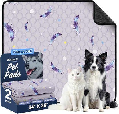 WanpeeGoo Washable Pee Pads for Dogs, 2Pack Reusable Puppy Pads, Super Absorbent & Leakproof Dog Pads, Anti-Slip Dog Pee Pads for Puppy Training & Incontinence, Feather Pattern 24"x36"