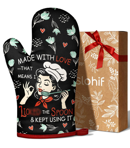 Slohif Funny Oven Mitt Heat Resistant for Women - 1 Pack Black Cute Novelty Cool Kitchen Oven Mittens with 100% Cotton for Baking and Cooking Accessories (Made with Love)