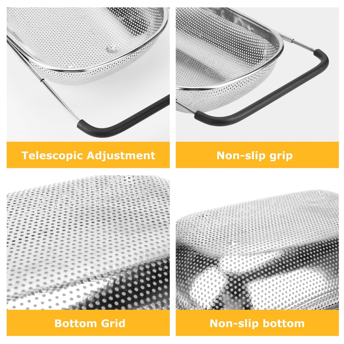 ZDRongZhen Kitchen Accessories Over the Sink Colander Strainer Basket，Stainless Steel Colander with Expandable Rubber Grip Sink Drainer-Rinse Vegetables Fruits &Strain&Drain (Large-Dense round hole)