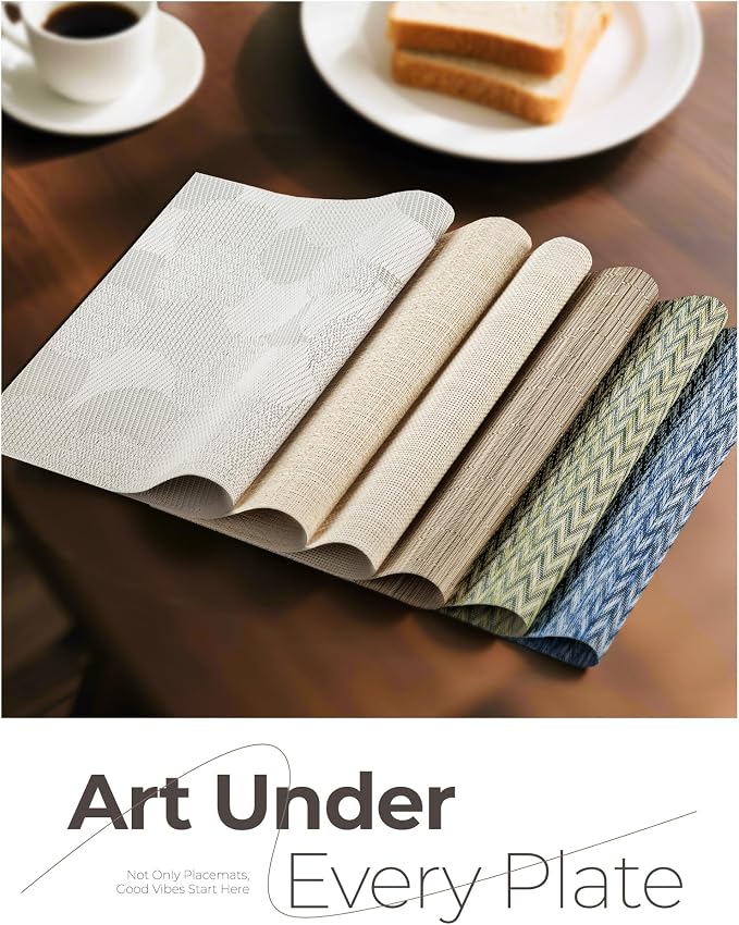Leetaltree Light Brown Placemats Set of 6 - Heat Resistant Non-Slip Place mats for Dining Table, Washable Durable PVC Vinyl Woven Table Mats（Light Brown, 6）