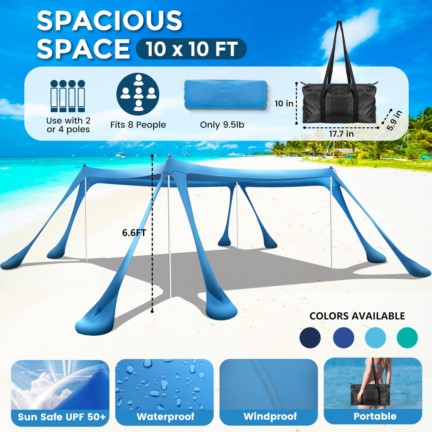 VIONMI Beach Canopy Beach Tent Pop Up Shade 10x10ft Sun Shelter UPF50+ with 8 Sandbags-2 Sand Shovel-4 Aluminum Poles-Ground Pegs-Portable Carrying Bag for Outdoor Family Camping Fishing Yard Picnic