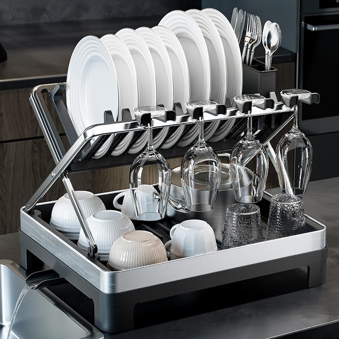 Dish Drying Rack, 2-Tier Stainless Steel Dish Rack with X-Frame and Drainage Spout, Large Collapsible Dish Drainer for Kitchen Counter, Dish Strainer with Utensil and Wine Glass Holder, Black