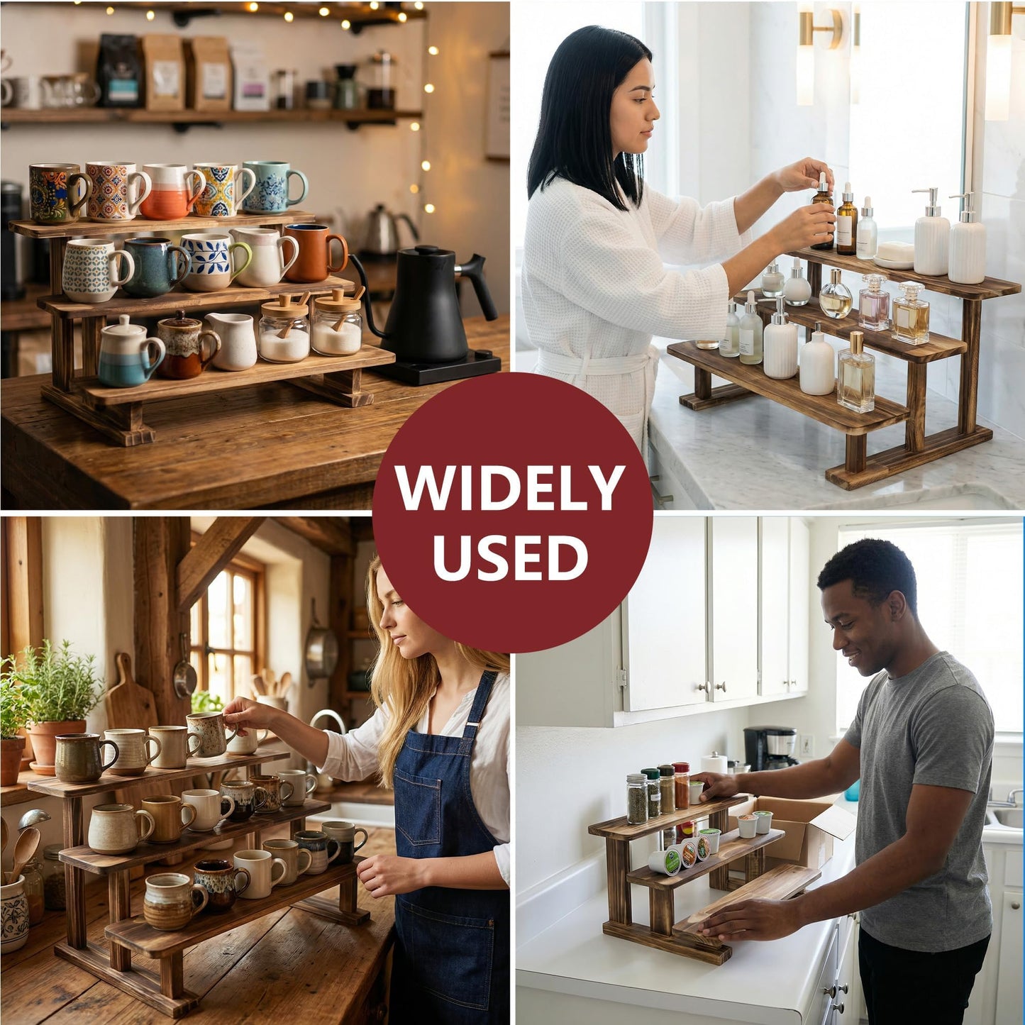 Ajerg 2 Pack 3 Tier Coffee Mug Display Shelf, Wooden Coffee Mug Holder Organizer for Countertop, Mug Storage Shelf for Coffee Station, Kitchen Cabinet, Pantry & Counter Display Rack