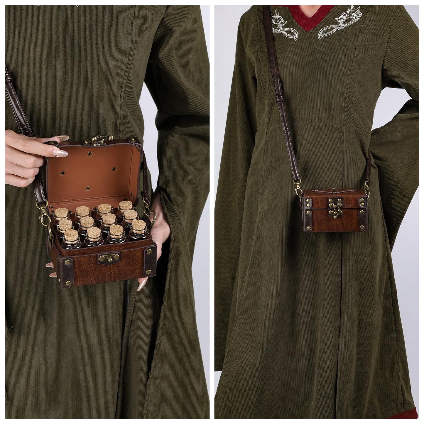 HiiFeuer Medieval Faux Leather Alchemy Box with 12 Cork Potion Vials, Fantasy Portable Crossbody Bag Jewelry Dnd Dice Holder (Brown A)