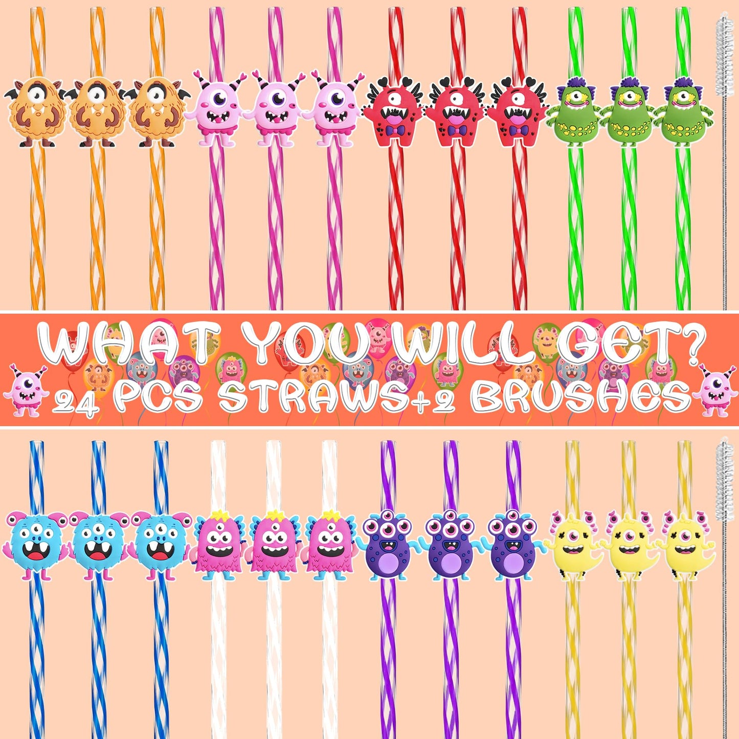 24 Monster Drinking Straws for Birthday Party Decorations Supplies-Reusable Plastic Cocktail Straw for Boys Girls Monsters Theme Party Favors Decor Gift School Reward Halloween,Dishwasher Safe Straws