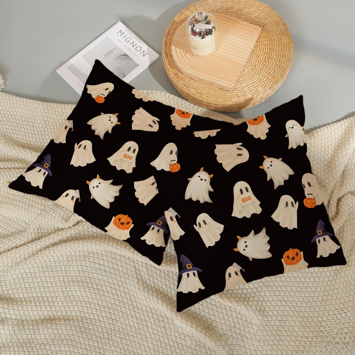 JEFERSO Halloween Pillow Covers 18x18 Set of 2 Cute Black and White Pumpkin Ghost Throw Pillows Fall Halloween Decorations Pillowcase Farmhouse Linen Outdoor Decorative Cushion Case for Couch Sofa