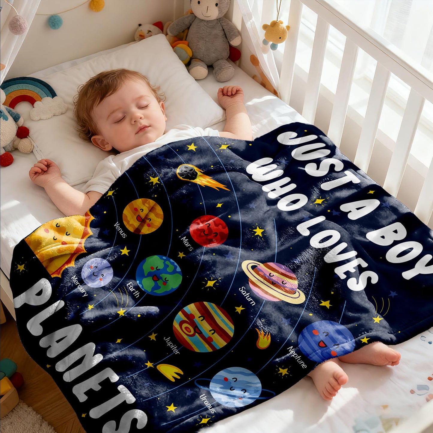 ARTBLANKET Just A Boy Who Loves Planets Solar System Space Throw Blanket Fannel Fleece Super Soft Funny Blanket Travel Throw Blanket for Bed Couch Sofa 40 x 30 Inch for Baby