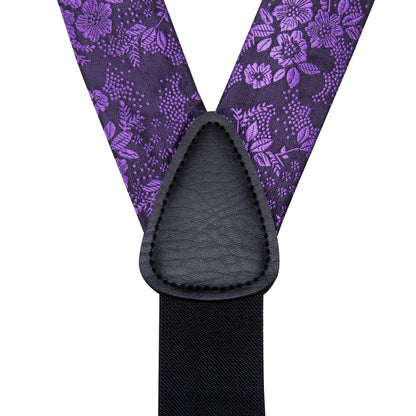 Hi-Tie Mardi Gras Purple and Black Silk Suspenders for Men Tie Set Jacquard Floral Adjustable Elastic Y Braces with Strong 6 Clips Pocket Square Set Wedding Party