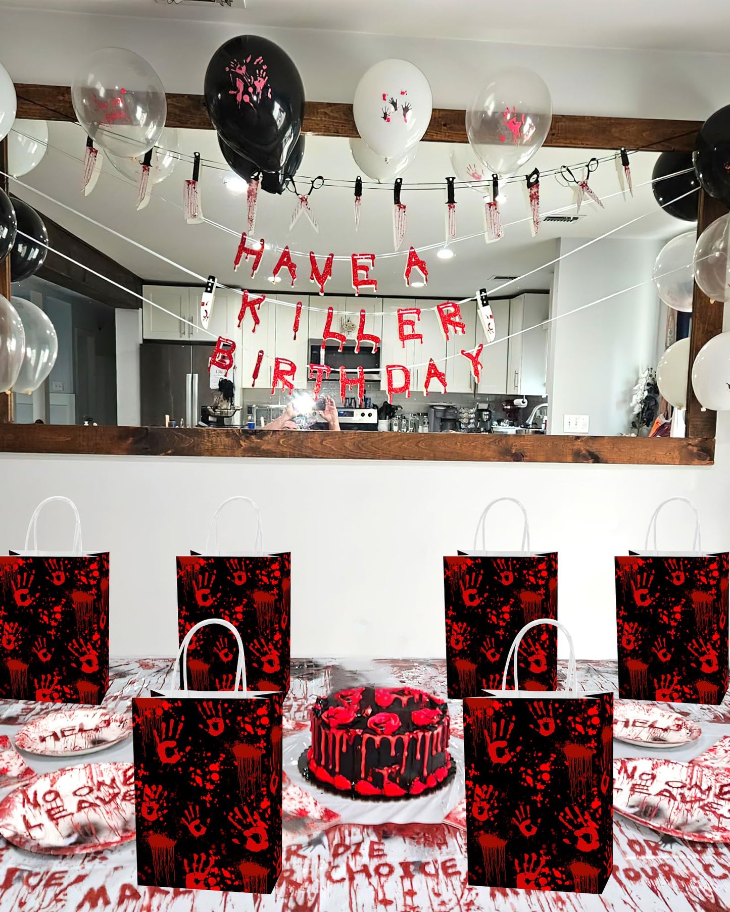 Roselush 16Pcs Bloody Goodie Gift Bags - Horror Bloody Handprint Party Favor Treat Bags for Bloody Birthday, Scary Movie Birthday Decorations, Serial Killer Halloween, Slasher Party Decorations