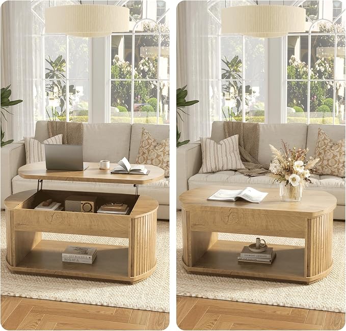 FABATO Oval Lift Top Coffee Table with Storage, Mid Century Modern Coffee Table for Living Room, 2 Tier Center Table with Lift-Top, 41.7" Fluted Wood Table for Reception Room, Home Office, Wood