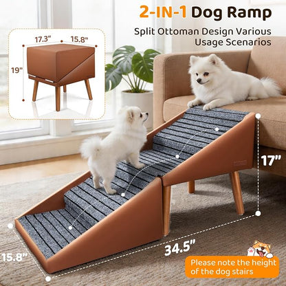 Dog Stairs for Small, Medium, Large Dogs & Cats, 17" H 4‑Step Foldable 2‑in‑1 Wooden Pet Steps with Split Ottoman Design, Non‑Slip Dog Ramp for Couch Bed Sofa for Puppy Senior Injured Pets