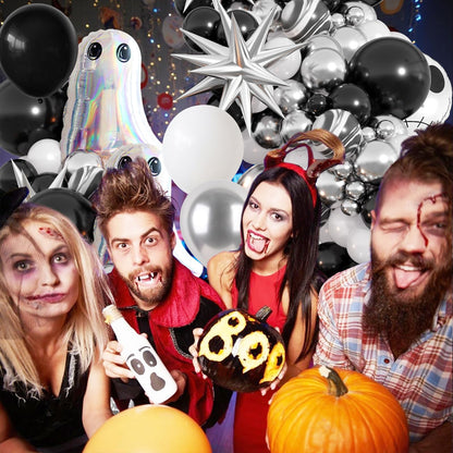 Halloween Balloon Arch Kit,110Pcs Black White and Silver Latex and Foil Balloon with Ghost,Skull Design for Halloween Birthday Bachelorette Baby Shower Wedding Party Decorations