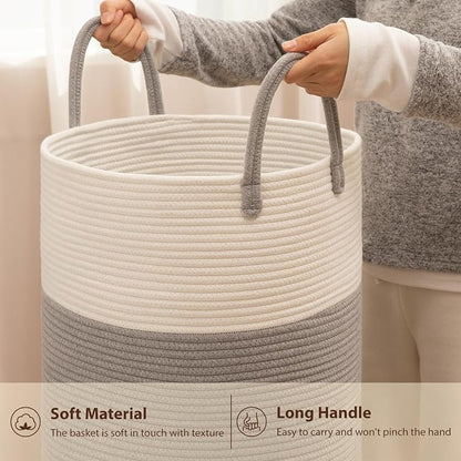 OIAHOMY Large Laundry Basket Hamper - 80L Cotton Rope Woven Basket for Blankets, Toys, Clothes - Tall Decorative Nursery Hamper with Long Handles, Grey/White