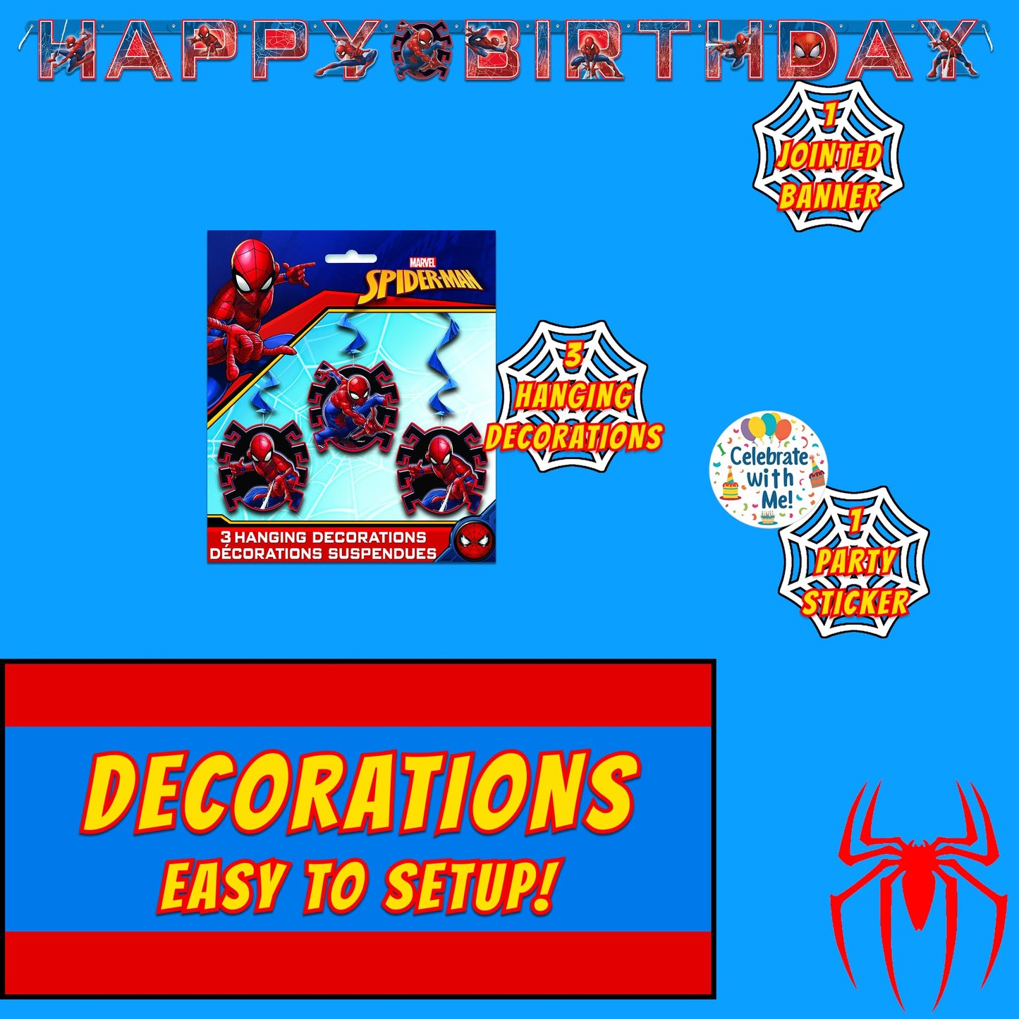 Unique Spider-Man Party Decorations | Swirl Decor Set | Officially Licensed | Jointed Banner and Hanging Swirls | Birthday Decor For Kids, Photo Backdrops, Party Rooms